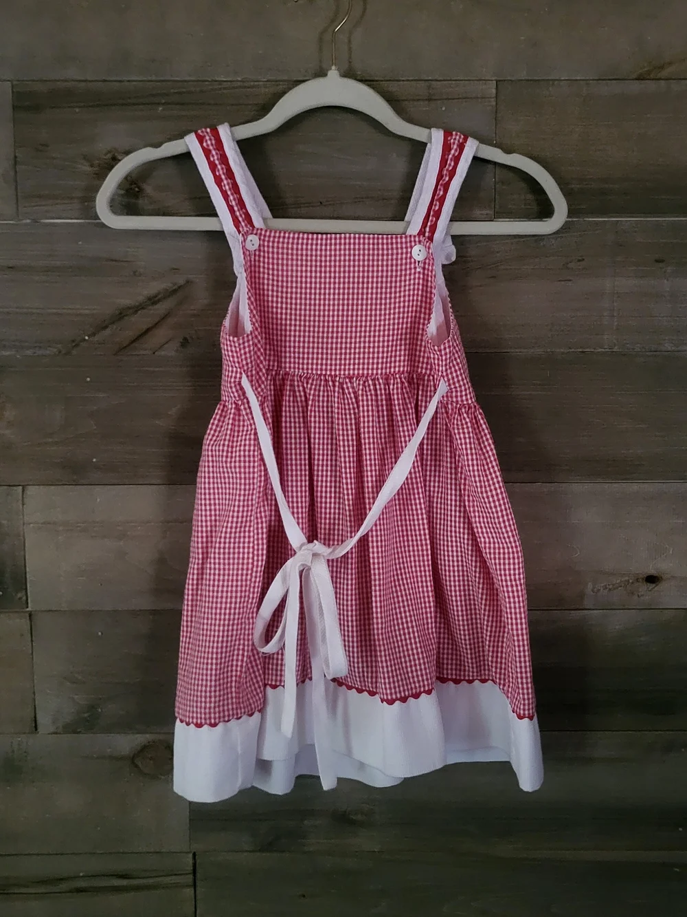 Vintage 90's Red Gingham Girl's Picnic Dress With Cherry Trim 5/6